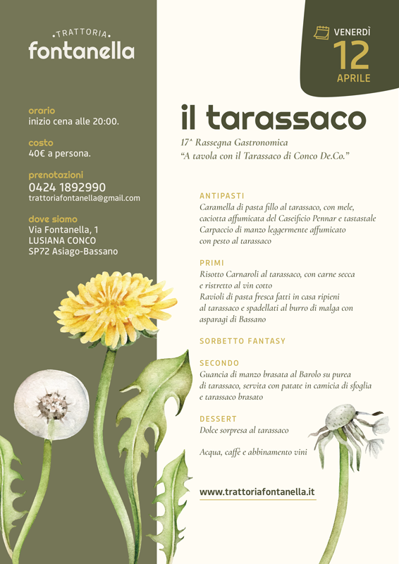 menù cena del tarassaco trattoria fontanella 12 aprile