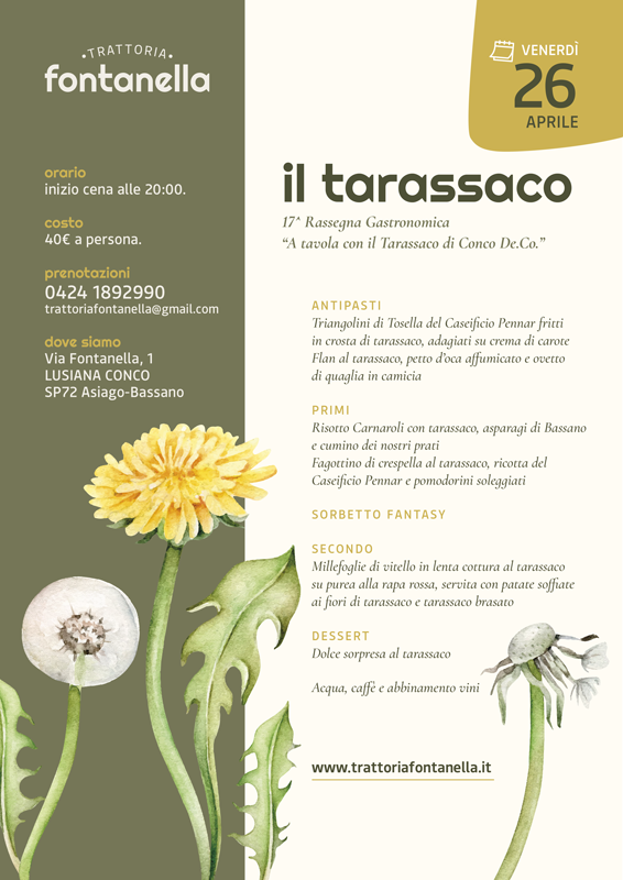 menù cena del tarassaco trattoria fontanella 26 aprile